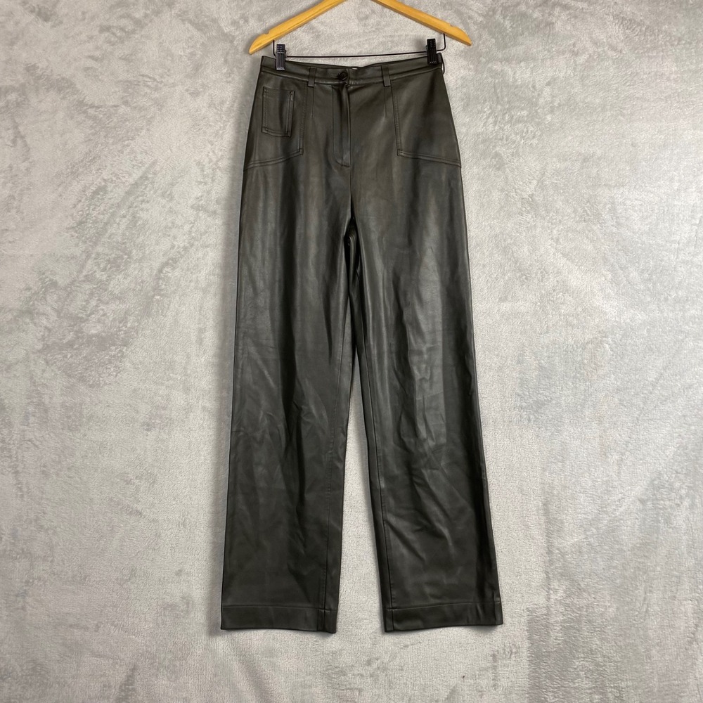 Olenich Dark Olive Green Faux‎ Leather Wide Leg High Rise Pants Womens Size S